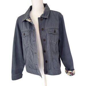 L.L.Bean Jacket Size Large Petite Denim Twill Jacket Cotton Blue Floral Trim